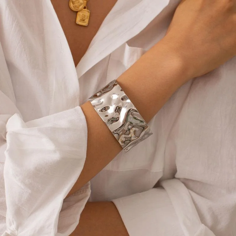 Custom-fit braStylish Silver Hammered Stainless Steel Cuff Bracelet