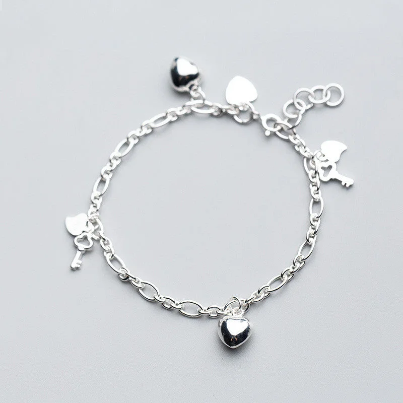 Modern braS925 Silver Women's Key Bracelet Heart Shaped Women