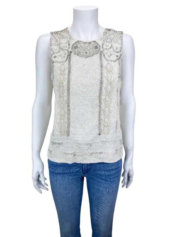 Performance braLucky Brand Women's Beaded Shell Top Ivory Size S with Tags