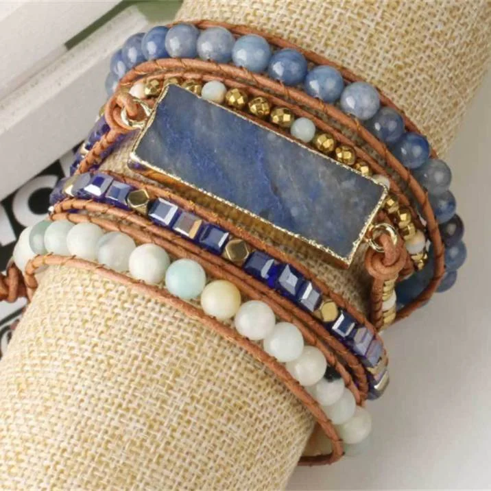 Bustier braMultilayer Leather Wrap Crystal Blue Aventurine Bracelet