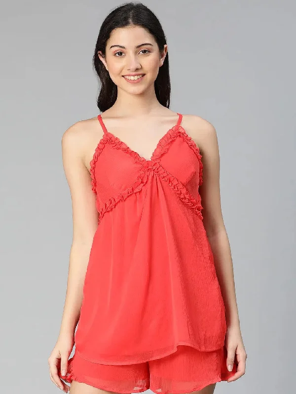 Minimalist braLooker vibrant red ruffled women nightwear top