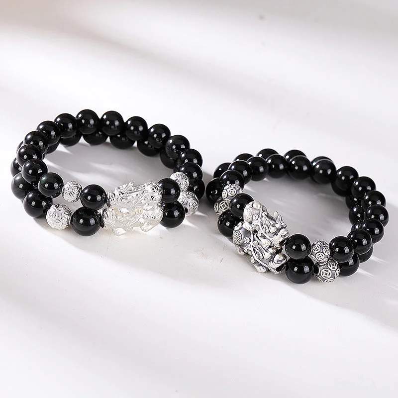 Wire-free braS925 Sterling Silver Obsidian Pixiu Bracelet Plain Silver Versatile Personality