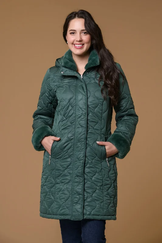 Beaded JacketsOval Quilt Fur trim Jacket- Green