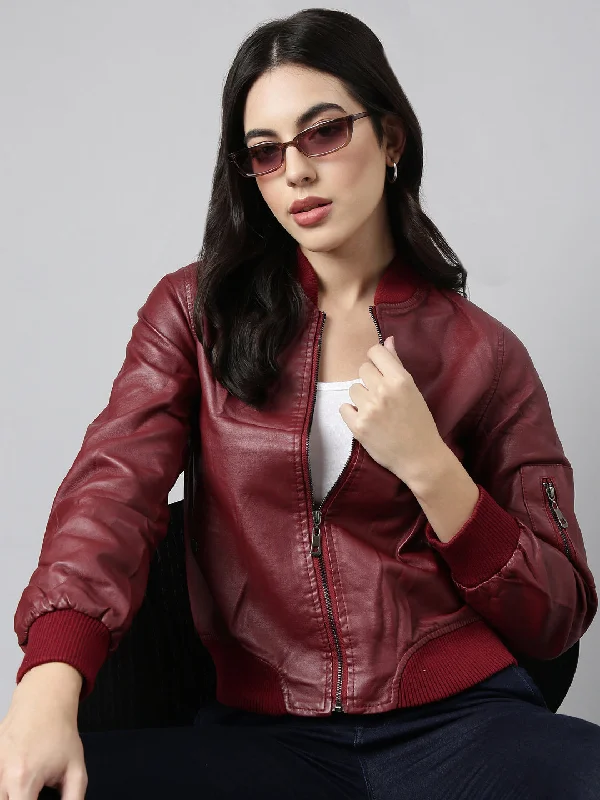 Corduroy JacketsWomen Solid Maroon Bomber Jacket