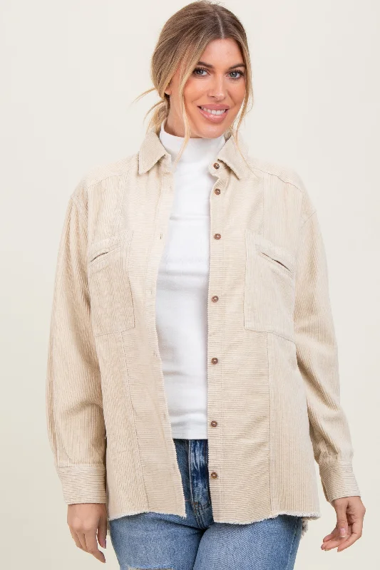 Insulated JacketsBeige Corduroy Fringe Hem Shirt Jacket