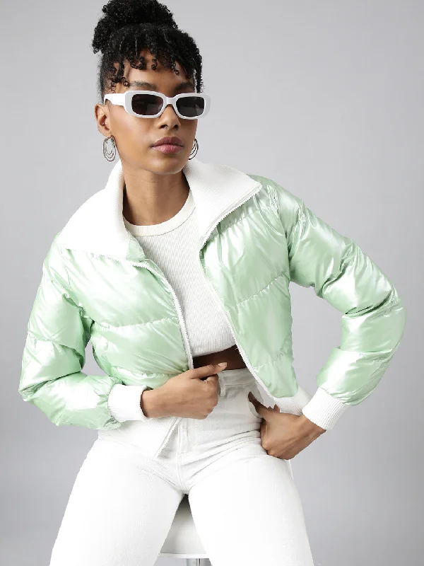 Down JacketsWomen Solid Green Puffer Jacket