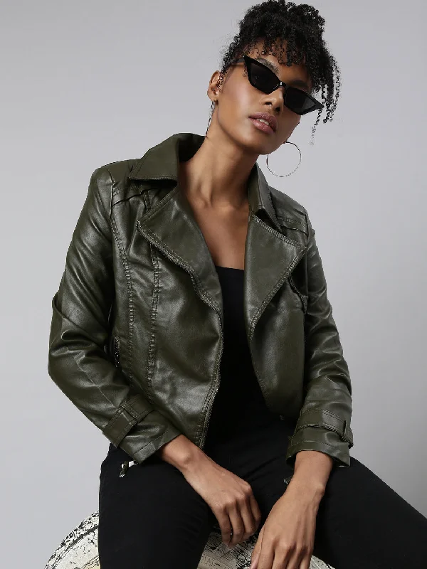 Work JacketsWomen Solid Olive Biker Jacket