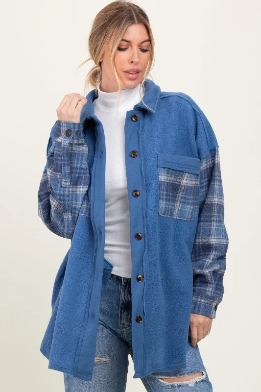 Flannel JacketsBlue Plaid Contrast Fleece Shacket