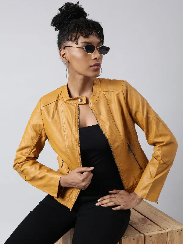 Lounge JacketsWomen Solid Mustard Biker Jacket