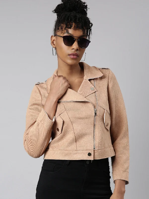 Performance JacketsWomen Solid Beige Biker Jacket