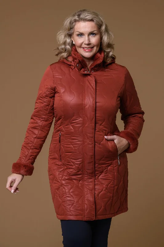 Sequined JacketsOval Quilt Fur Trim Jacket-Rust