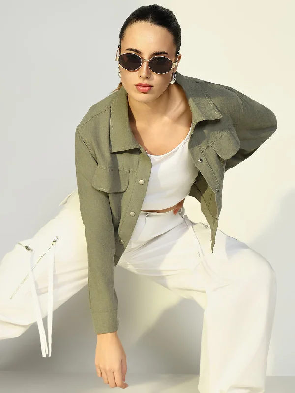 Lace-Up JacketsWomen Solid Olive Open Front Jacket