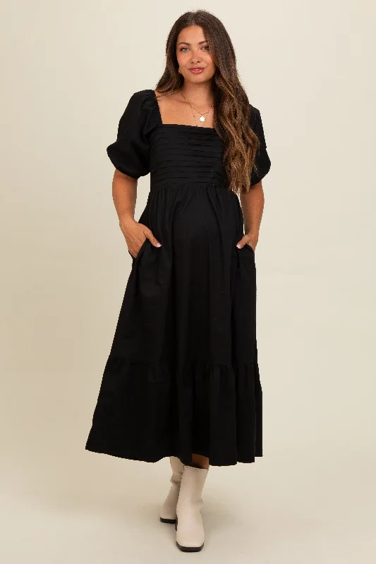 Black Pleated Bodice Puff Sleeve Maternity Midi DressBridal Gown