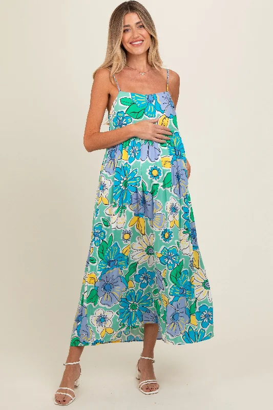 Green Floral Back Tie Maternity Midi DressBall Gown