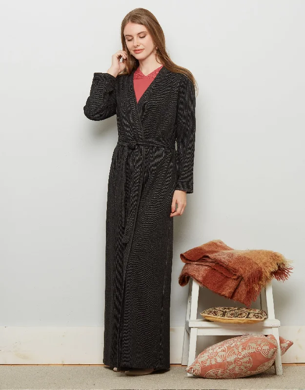 Brushed Pinstripe Wrap Robe with Black Blanket Stitch