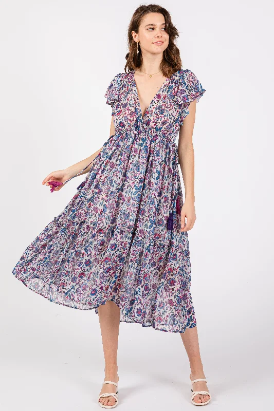 Blue Floral Chiffon Flutter Sleeve Ruffle Hem Midi DressBallet Dress