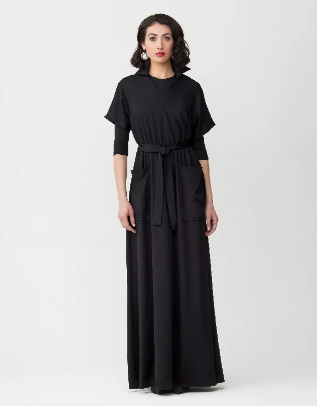 Rayon Elastic Waist Vneck Collar Robe with Patch Pockets and Tie Belt