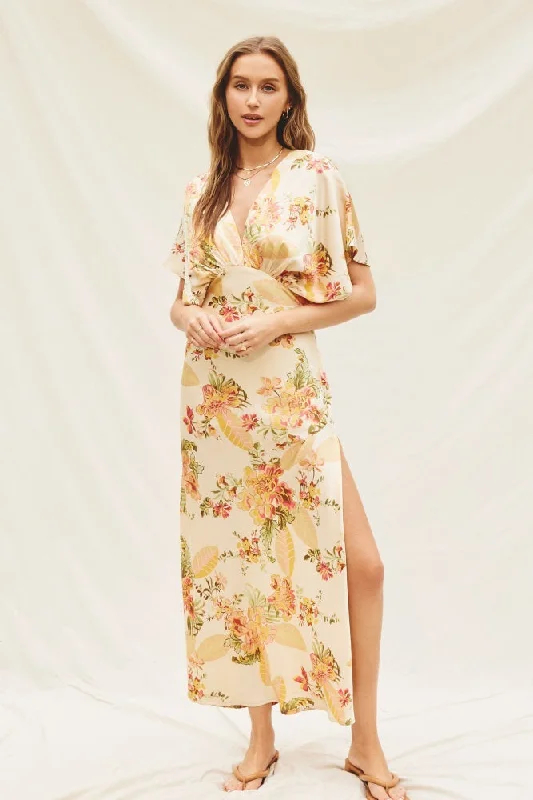 Cream Satin Blouson Maxi DressFloral Dress