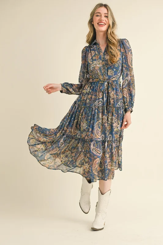 Denim Blue Paisley Print Button Down Midi DressHalter Dress