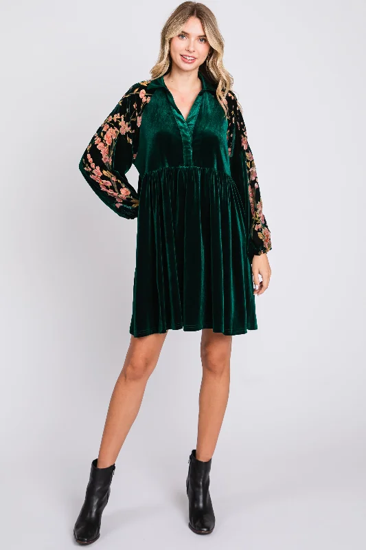 Forest Green Velvet Floral Long Sleeve Dress