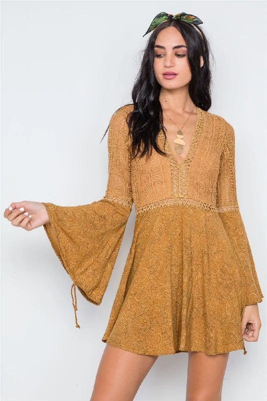 Tan Crochet Bell Sleeves V-Neck Boho Mini Dress /1-3-2-1Modern Dress