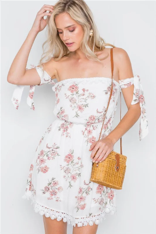 White Floral Self Tie Sleeves Mini Dress /1-3-2-1Tennis Dress