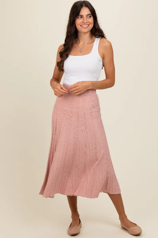 Layered SkirtMauve Ribbed Knit A-Line Midi Skirt