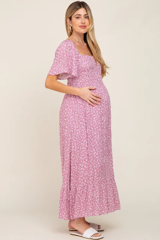 Pink Floral Smocked Maternity Midi DressDance Dress