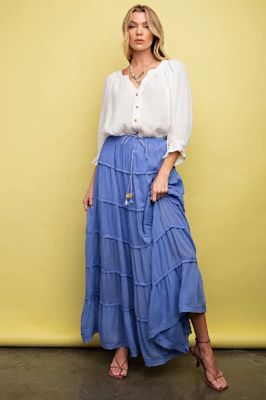 Military SkirtPeriwinkle Drawstring Tiered Maxi Skirt