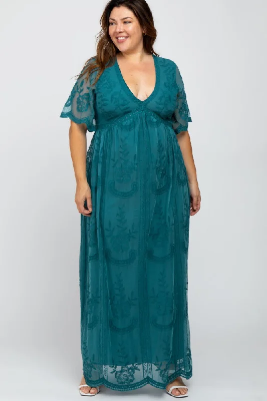 Teal Lace Mesh Overlay Plus Maxi DressEmbroidered Dress