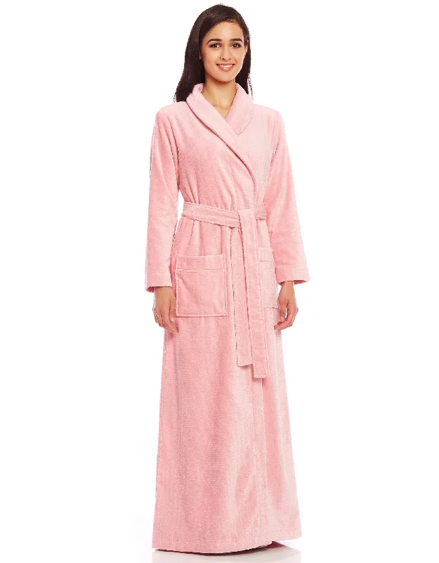 Terry Wrap Long Belted Bathrobe with Piped Trim Pink