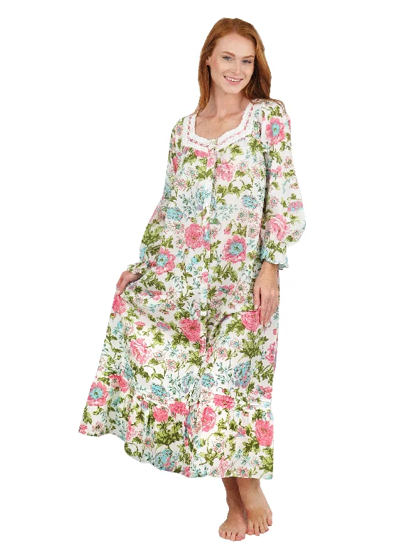 Lace Trimmed English Garden Print Button Front Robe Gown