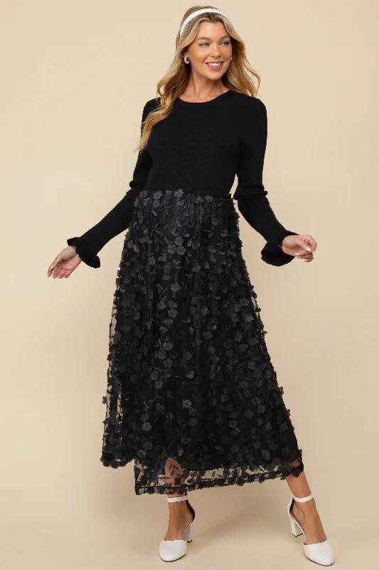 SarongBlack Floral Applique Contrast Skirt Maternity Midi Dress