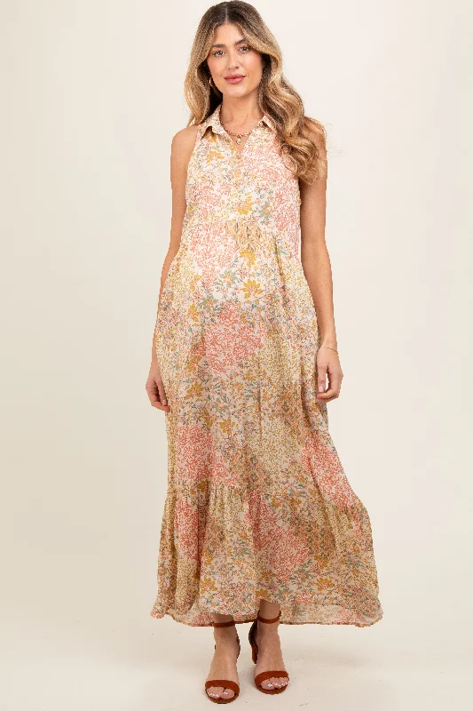 Peach Floral Sleeveless Button Tiered Collared Maternity Maxi DressEvening Dress