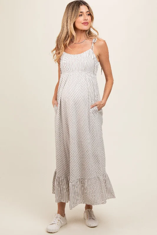 Beige Striped Tie Strap Maternity Maxi DressT-shirt Dress