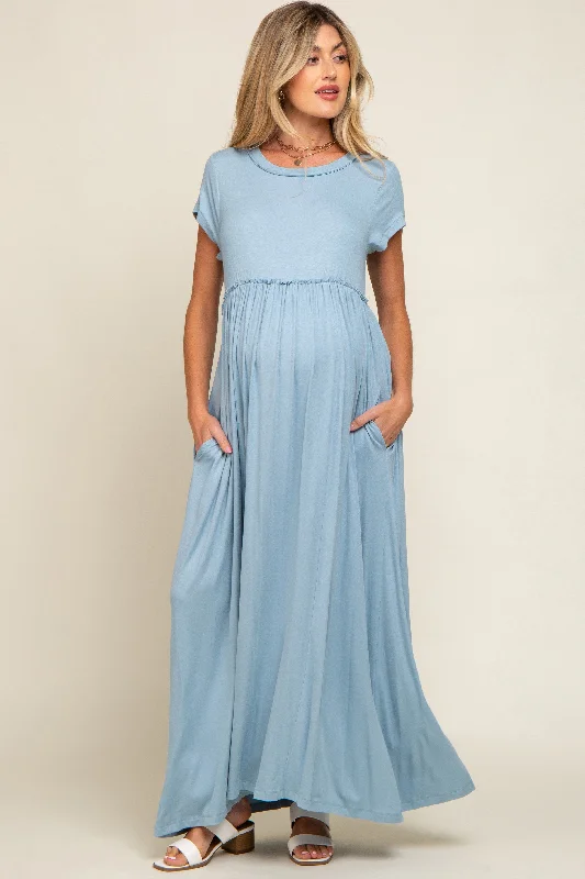 Light Blue Short Sleeve Pocketed Maternity Maxi DressWind Dress