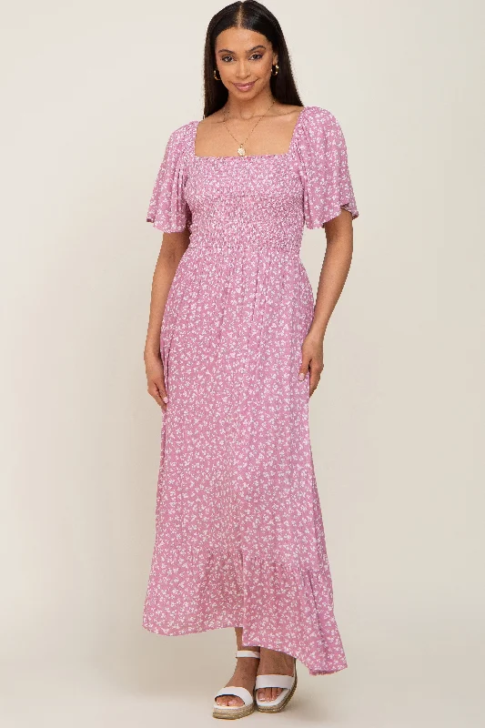 Pink Floral Smocked Midi DressDirndl Dress