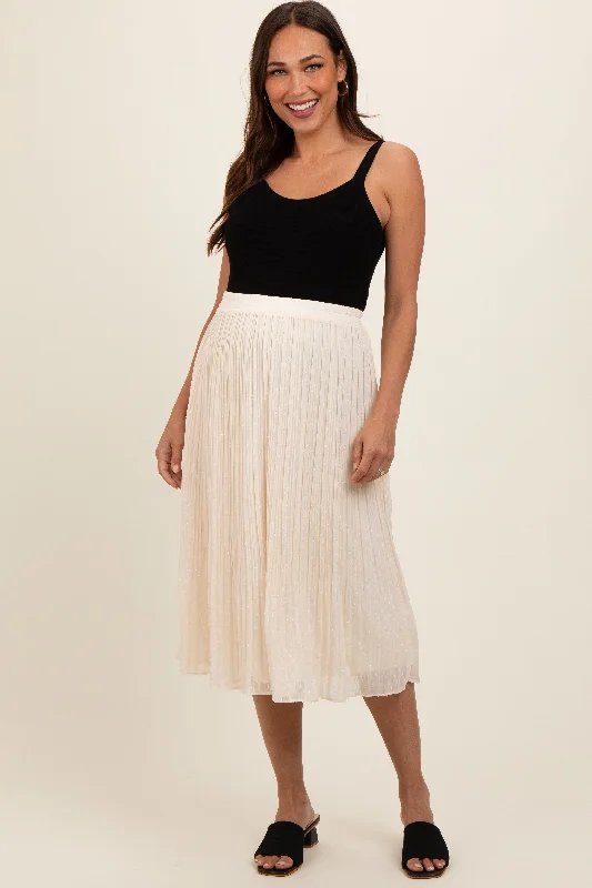 Divided SkirtCream Swiss Dot Pleated Maternity Midi Skirt