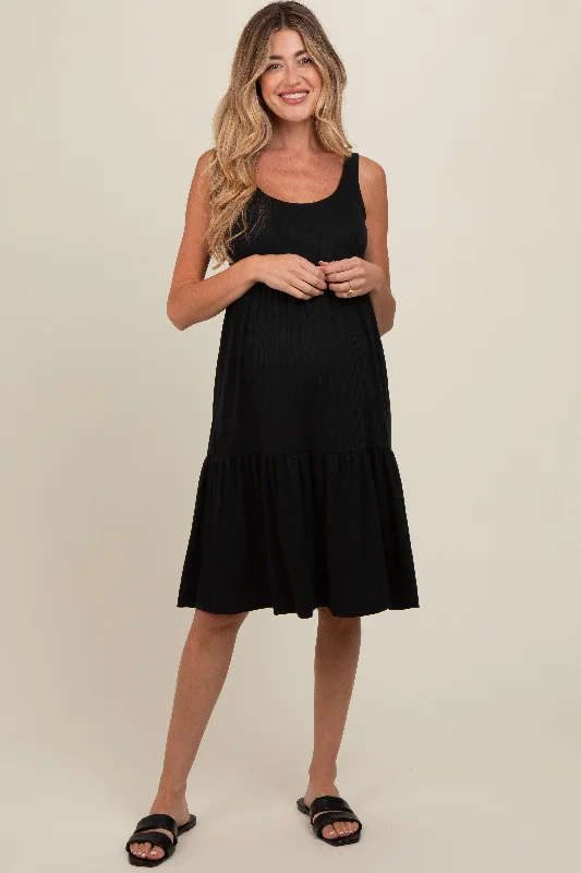 Black Tiered Sleeveless Maternity Midi DressWrap Dress