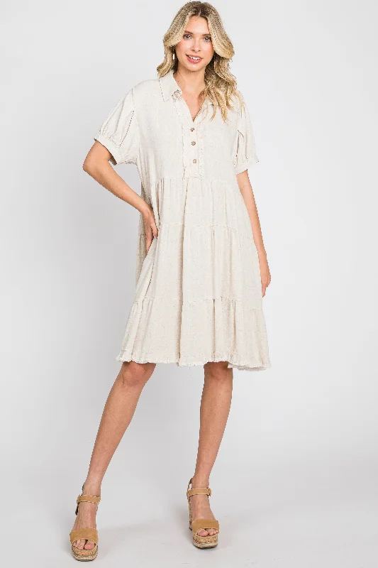 Cream Tiered Collared Linen DressTennis Dress