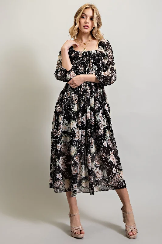 Black Multi Floral Chiffone Print Midi DressDesigner Dress