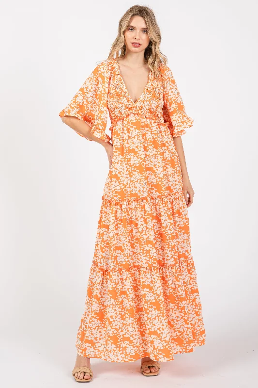 Orange Floral Smocked V-Neck Ruffle Tiered Maxi DressDesigner Dress