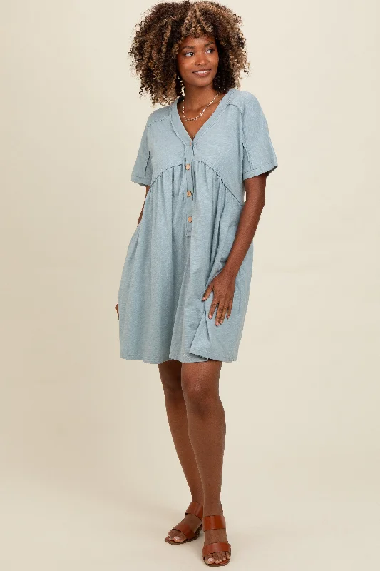 Teal Button Accent Cut Hem Detail DressFleece-lined Dress