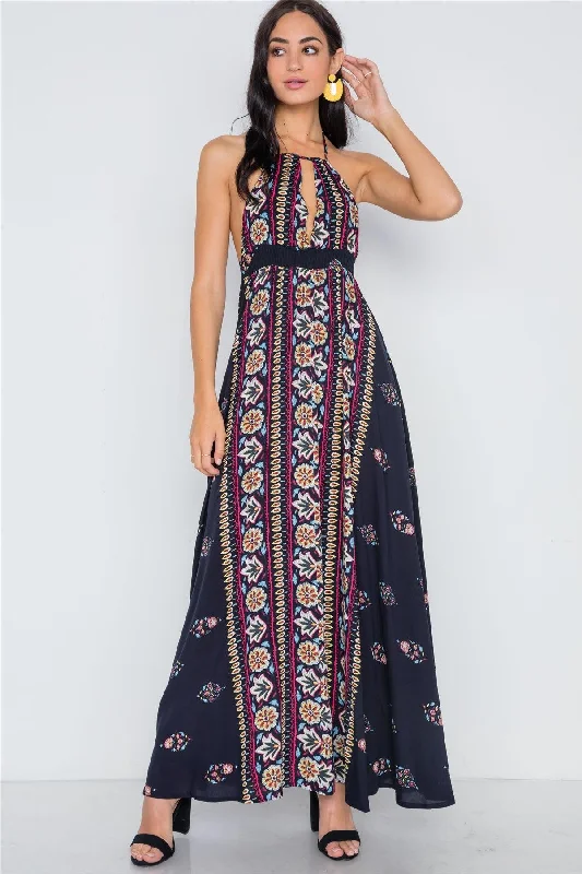 Navy Mustard Halter Neck Multi Print Maxi Dress /1-3-2-1Embroidered Dress