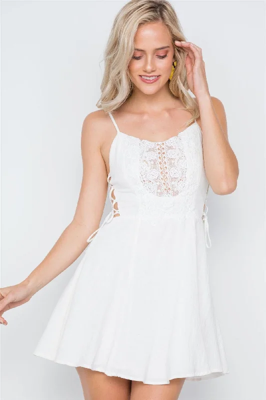 White Crochet Lace Up Sites Cami Mini Boho Dress /1-3-2-1Puff-sleeve Dress