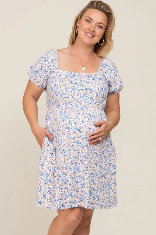 White Floral Short Puff Sleeve Maternity DressHigh-visibility Dress