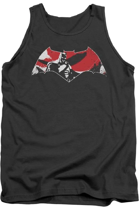 Running teeBatman V Superman Armor Splatter Logo Adult Tank Top