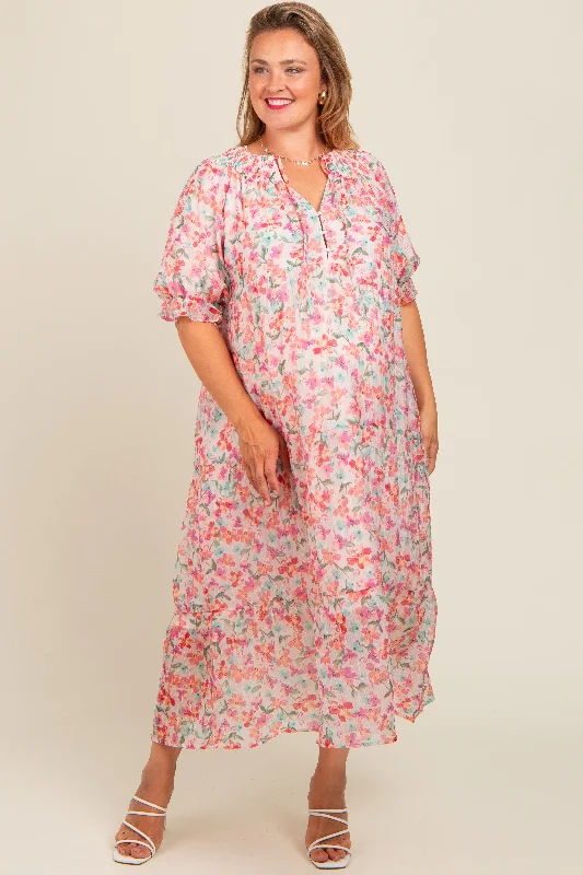 Light Pink Floral Front Tie Button Up Maternity Plus Maxi DressOffice Dress