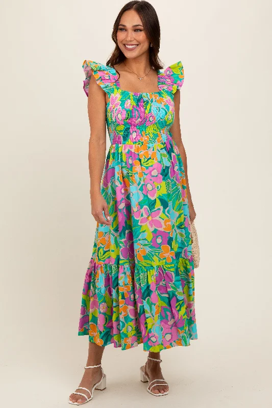 Green Floral Ruffle Shoulder Smocked Maternity Midi DressBall Dress