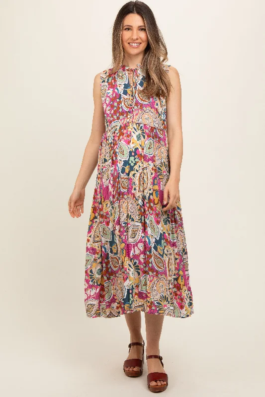 Pink Floral Paisley Mock Neck Maternity Midi DressFleece-lined Dress